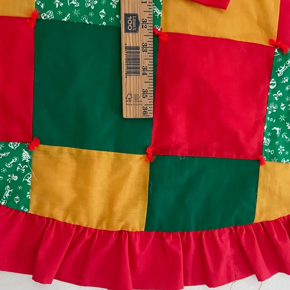 Vintage Handmade Patchwork Multicolor tree skirt with ruffle Red, Green, Gold